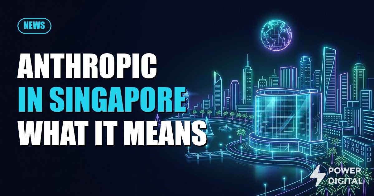 Cartoon robot waving in front of the Singapore skyline with the headline Anthropic in Singapore