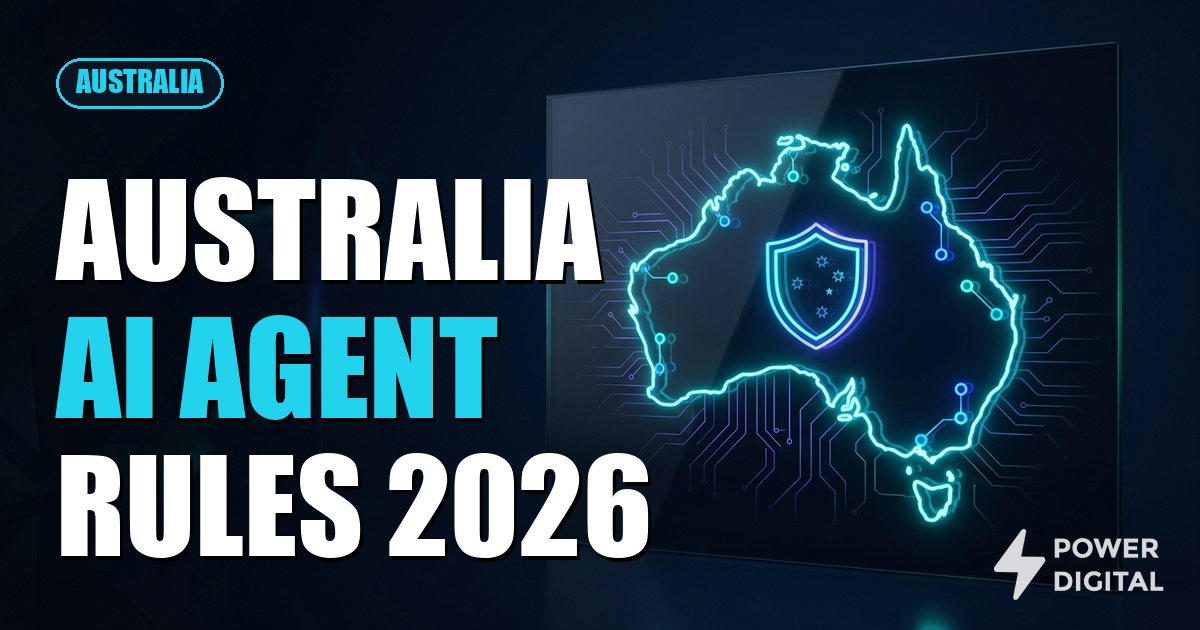 Cartoon robot in front of an Australian harbour skyline with the headline Australia AI agent rules 2026