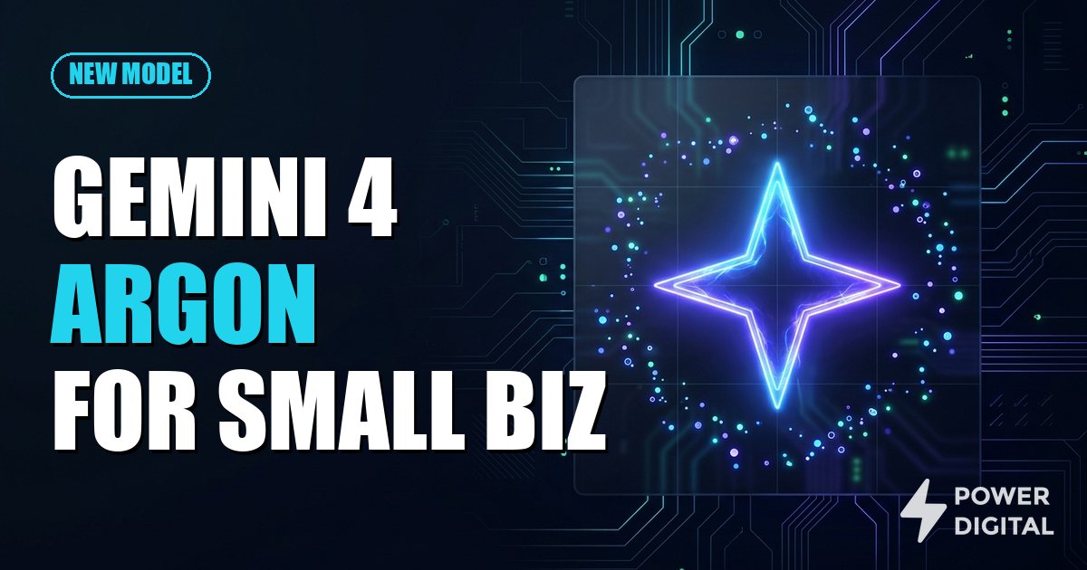 Cartoon robot holding a glowing star with the headline Gemini 4 Argon for small business